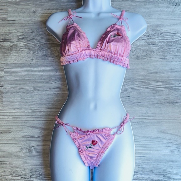 🎀 For Love & Lemons Silky Pink Coquette Set Victoria Secret XS NWT - Picture 5 of 17